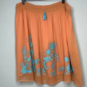 Sundance 100% Silk Embroidered Floral Skirt Size XL Tassels Coral and Blue
